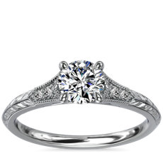 Vintage Hand-Engraved Diamond Engagement Ring with Milgrain in 14k White Gold